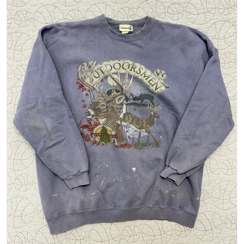 VTG 90s Fieldmaster Outdoorsman Deer Crewneck Sweatshirt Distressed Stained 2XL